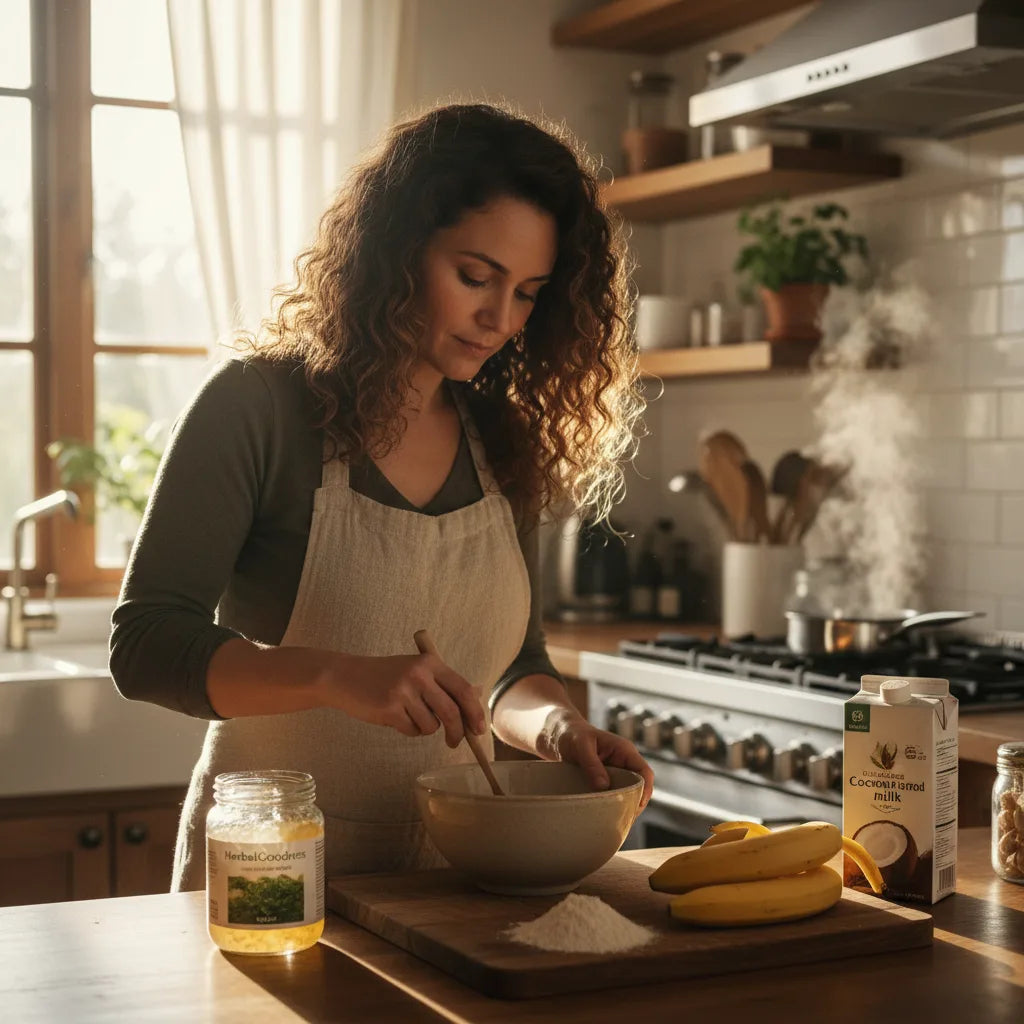 Woman using sea moss gel in kitchen