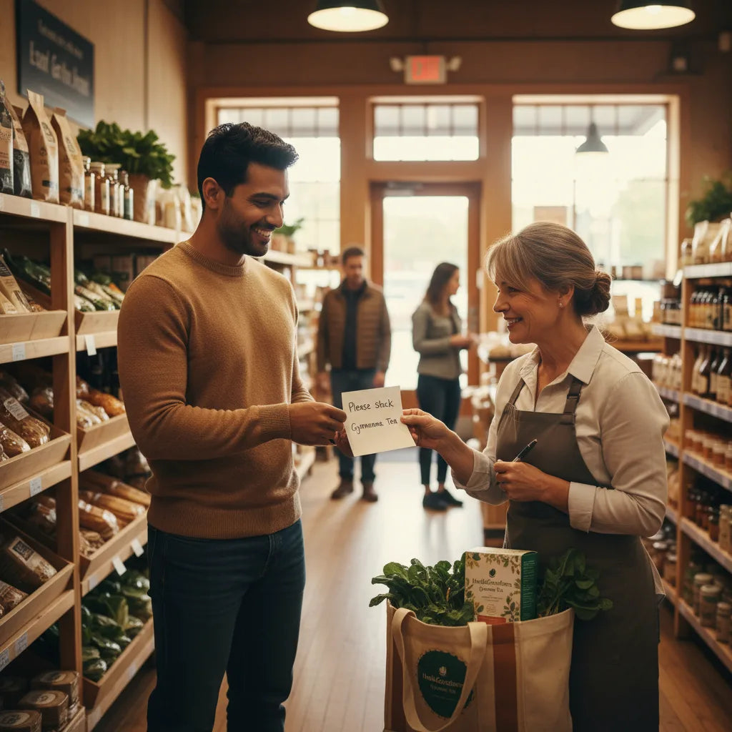 Customer requesting Gymnema tea at local shop