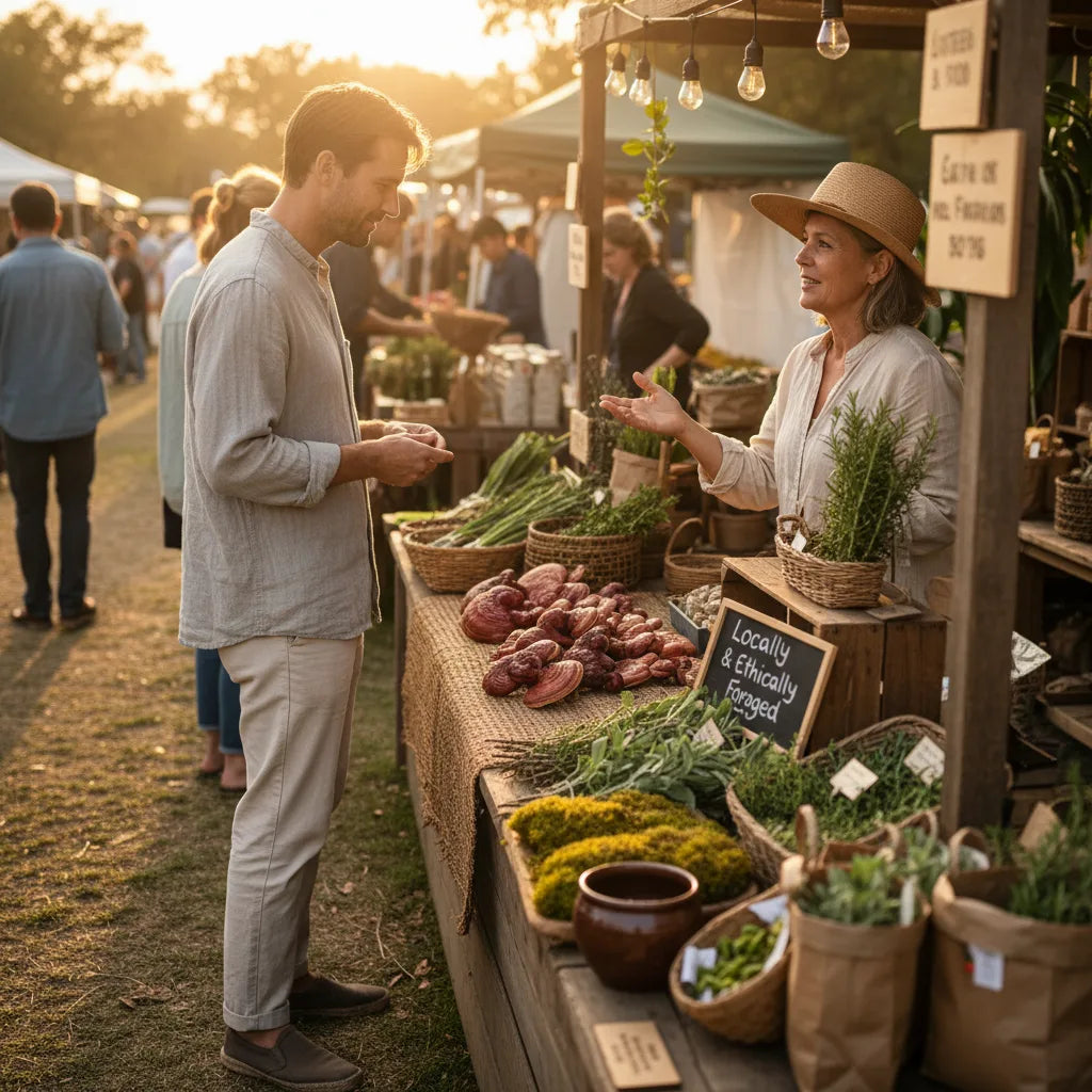 Conscious shopper selecting reishi at market