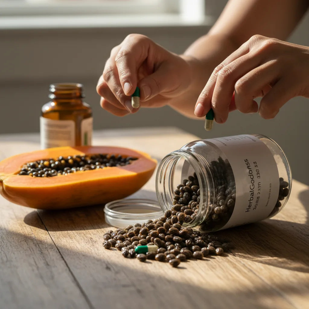 Hands compare papaya seeds and supplement capsules.