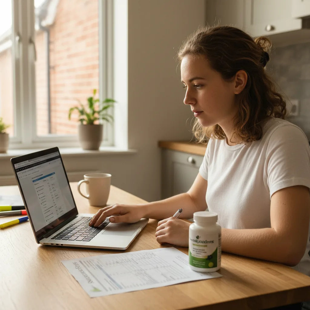 Person researching supplements with documents and laptop