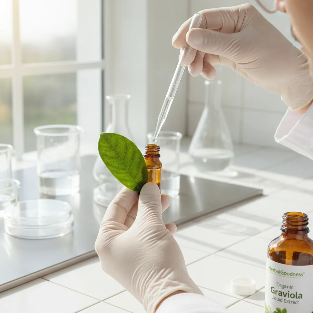 Scientist analyzing graviola leaf and extract