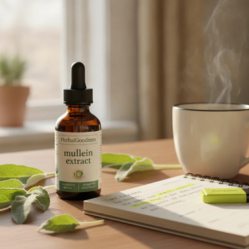 Mullein extract bottle with label in sunlight