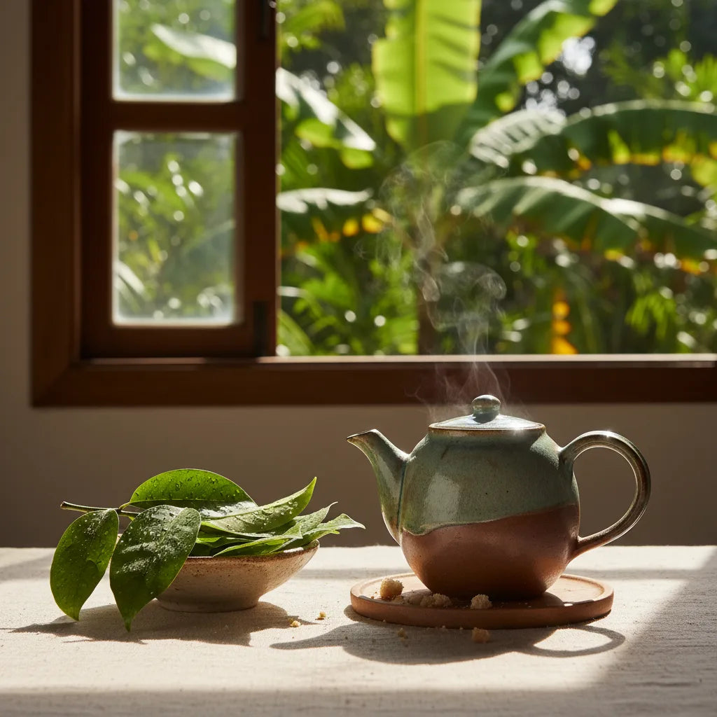 Fresh soursop leaves in morning kitchen light