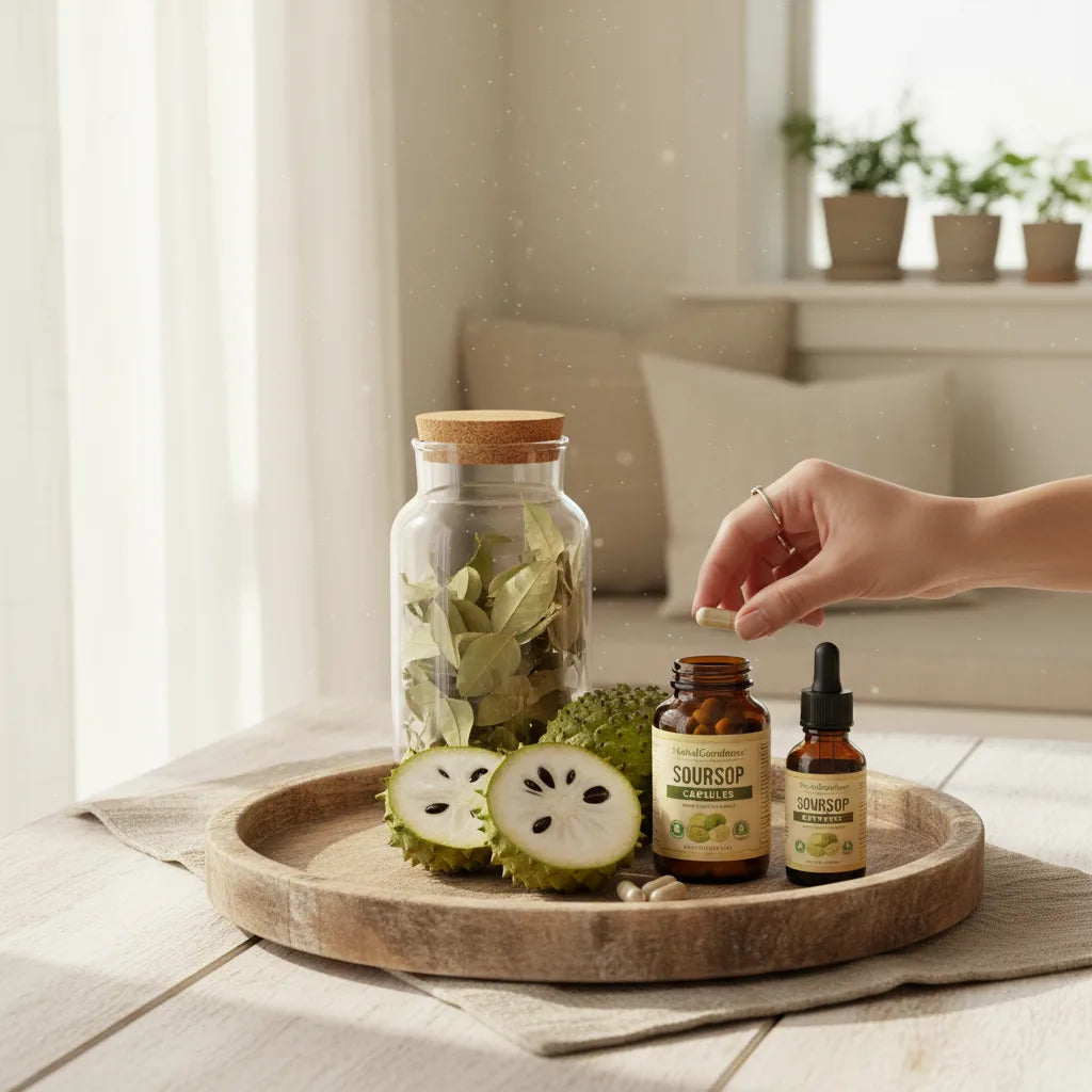 Soursop teas and supplements in natural kitchen