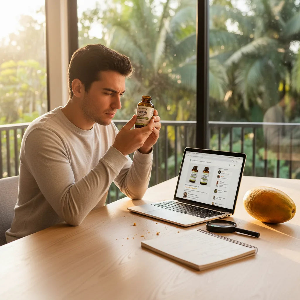 Person examines papaya extract label in kitchen
