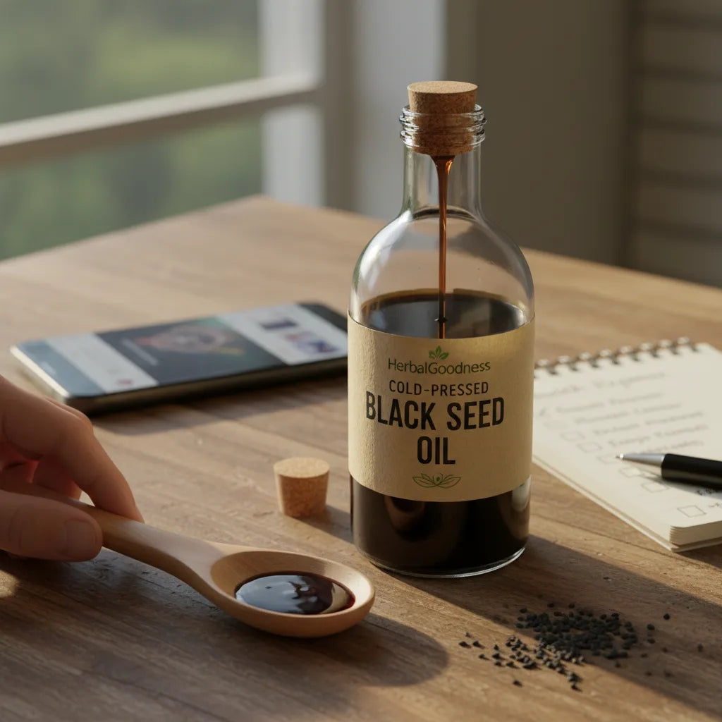 Person checks cold-pressed oil and checklist