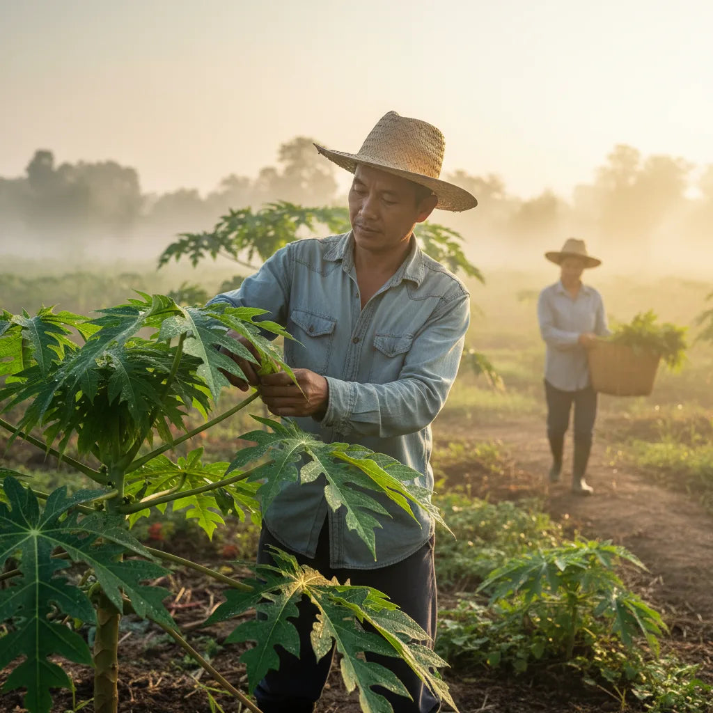 Farmer harvesting fresh papaya leaves at sunrise