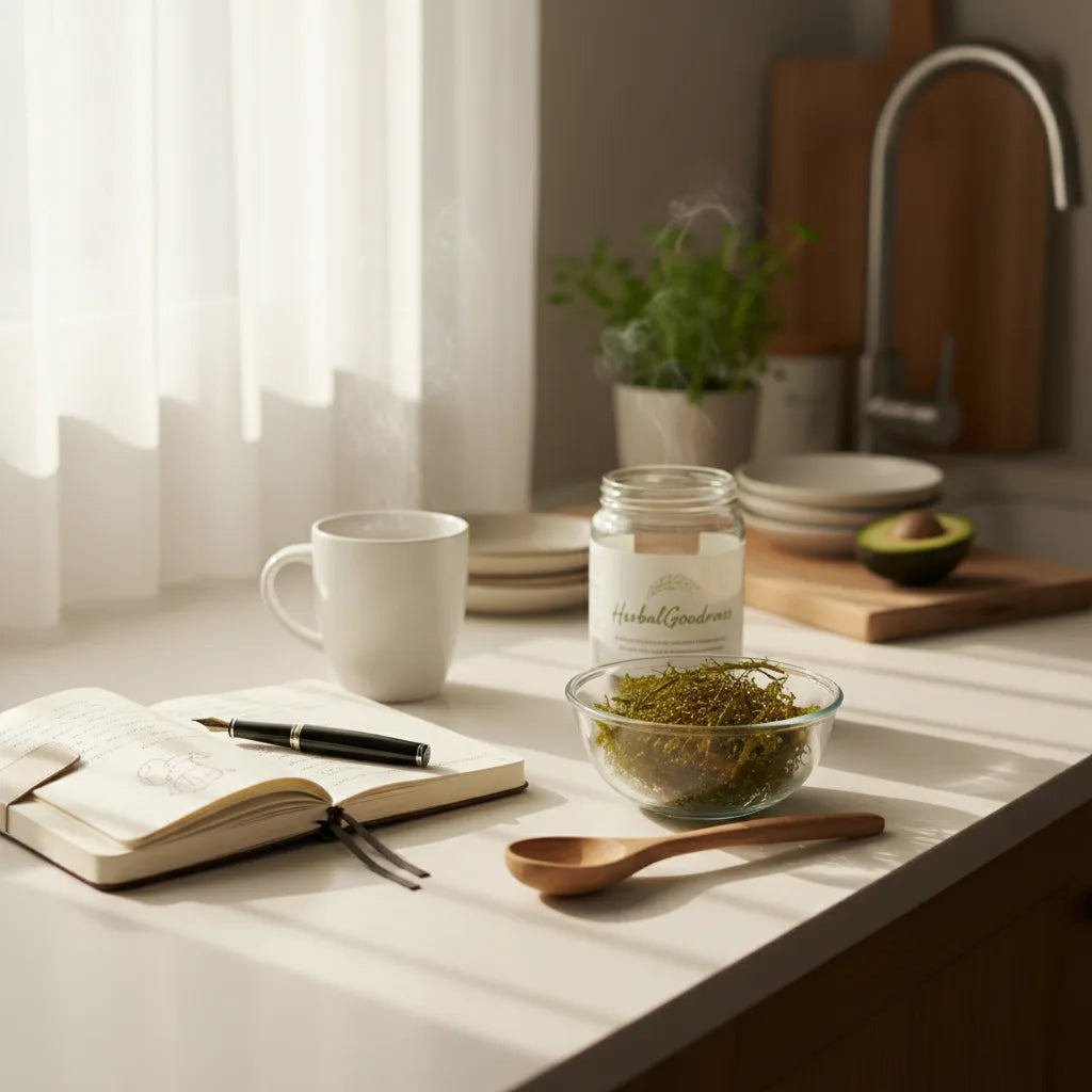 Natural kitchen scene with sea moss bowl