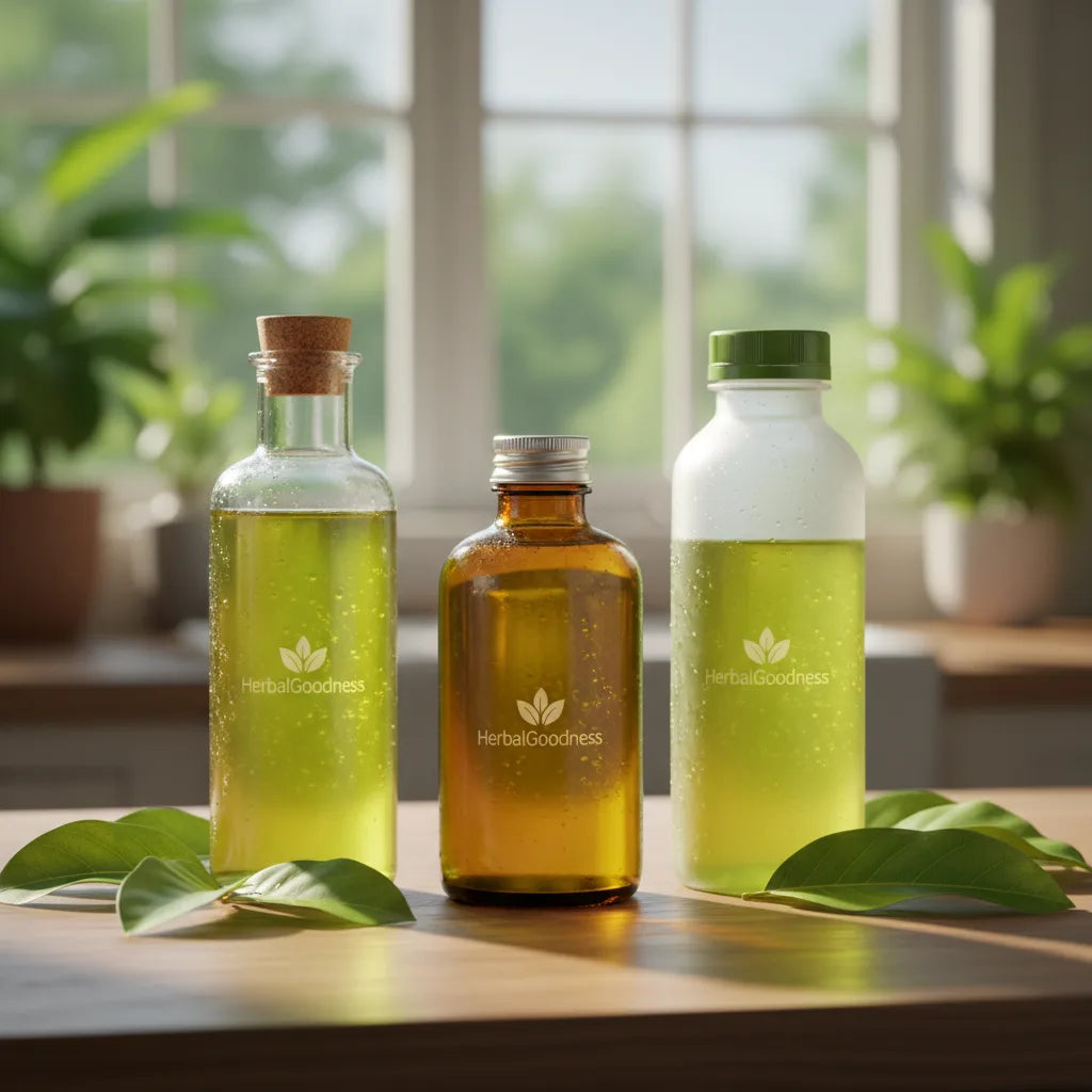 Different soursop extract bottles on sunny counter