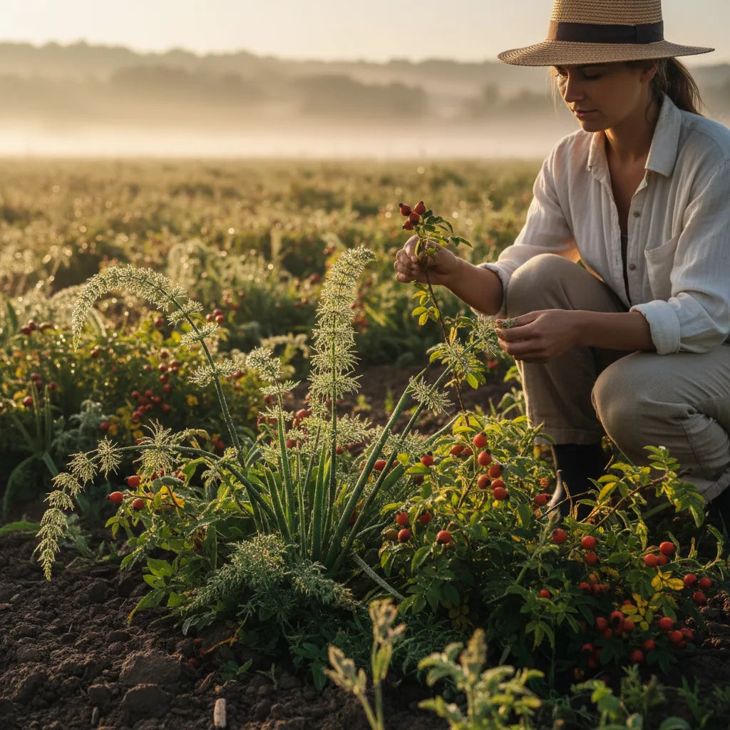 Woman harvesting herbs in sunlit field