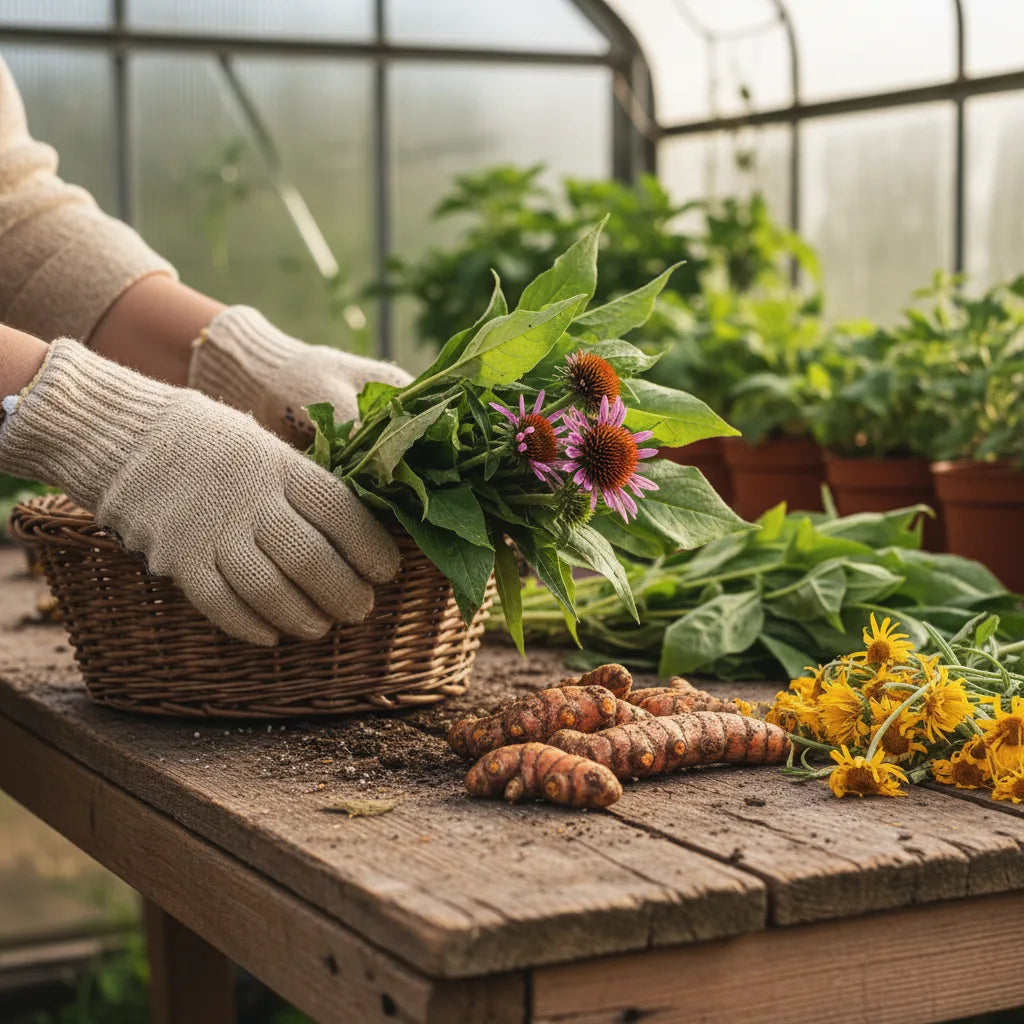 Farmer sorting fresh harvested detox herbs