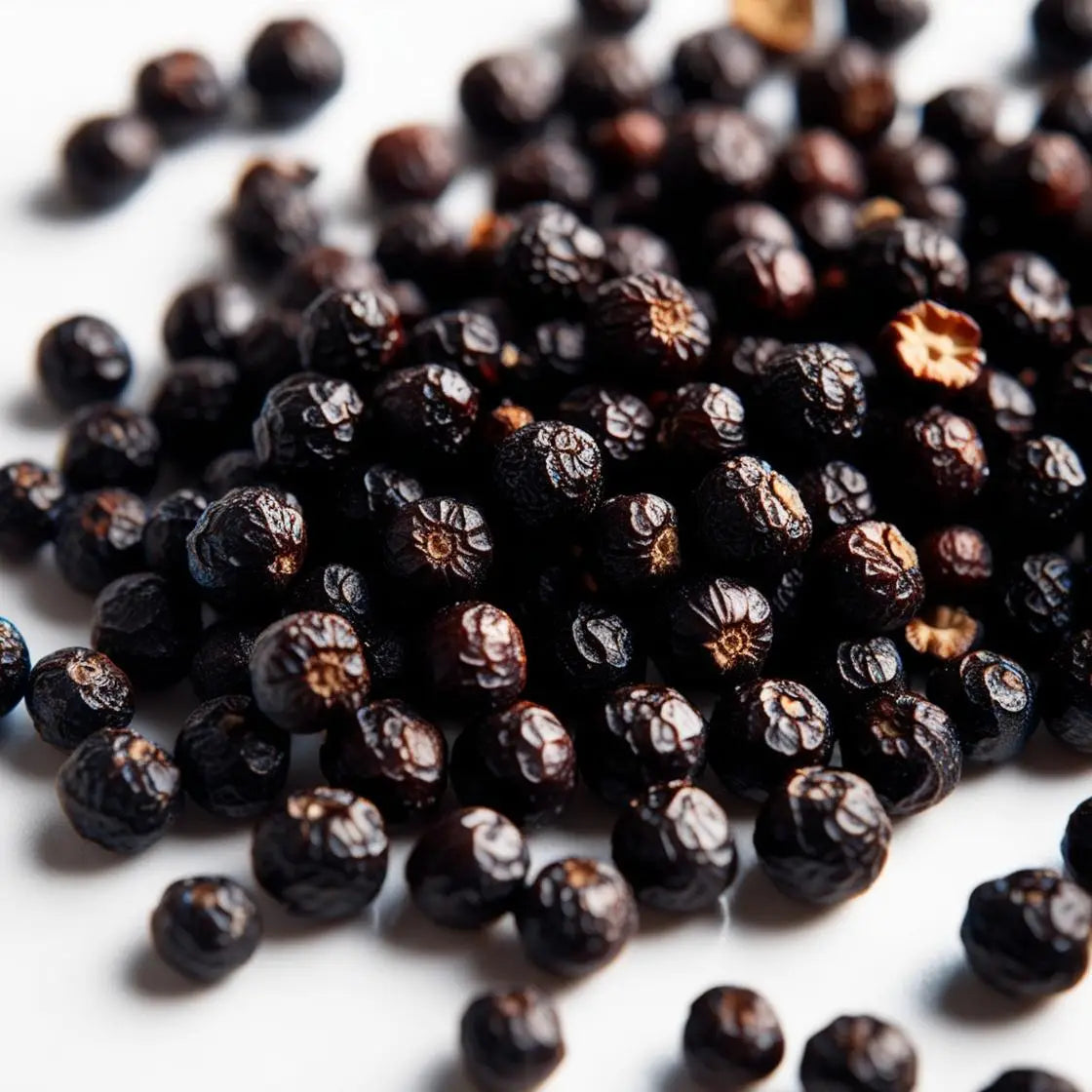 Black peppercorns in a wooden spoon, enhancing nutrient absorption from the Piper Nigrum plant.