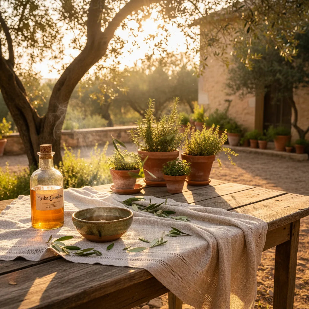 Olive leaves and tea in sunlit courtyard
