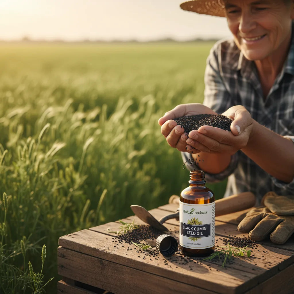 Farmer with cumin seeds and oil outdoors