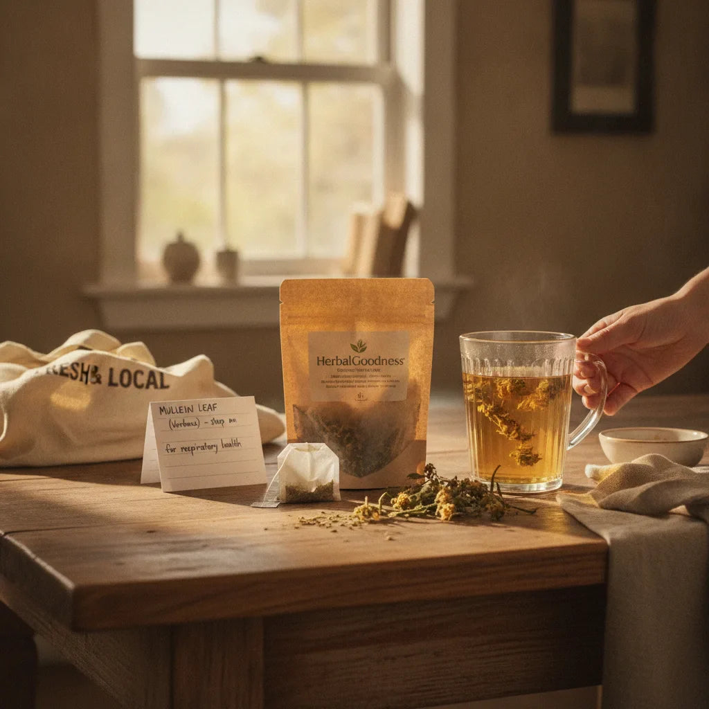 Morning sunlight over mullein tea preparation scene