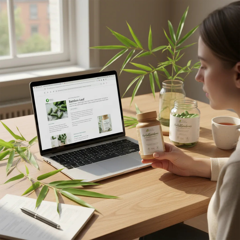 Bamboo extract review with packaging and laptop