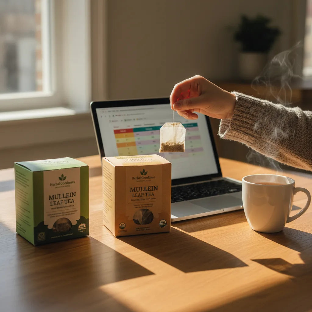 Comparing mullein tea boxes with laptop research