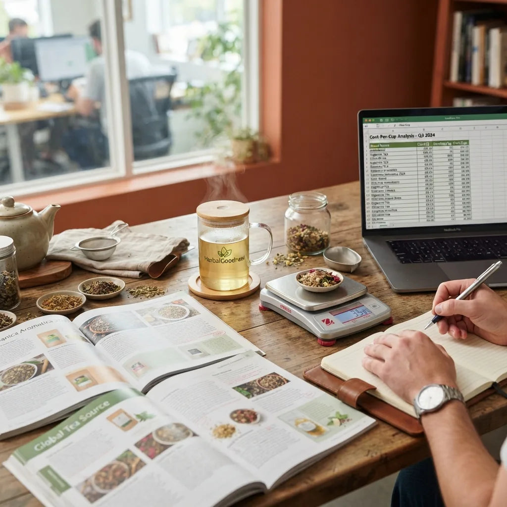 Herbal tea buyer calculating cup cost