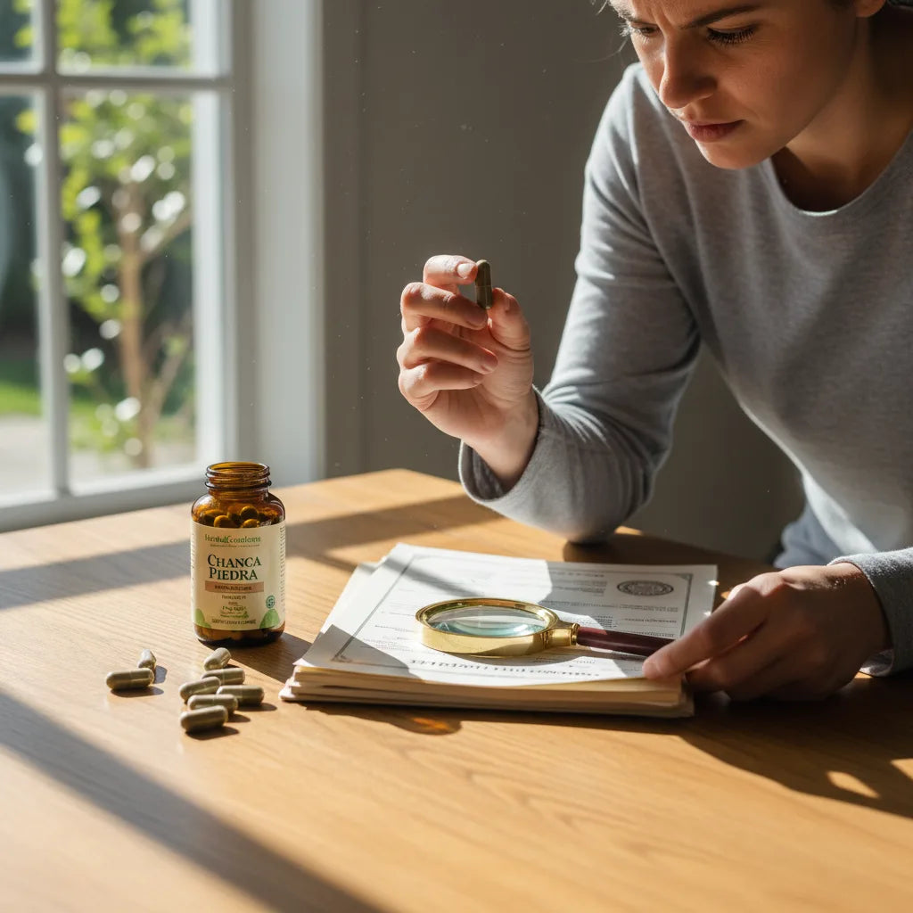 Inspecting Chanca Piedra capsules with documentation