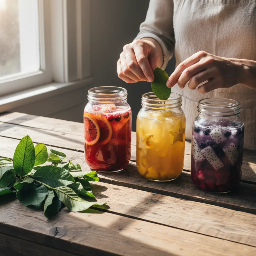 Making guava leaf ferments in kitchen