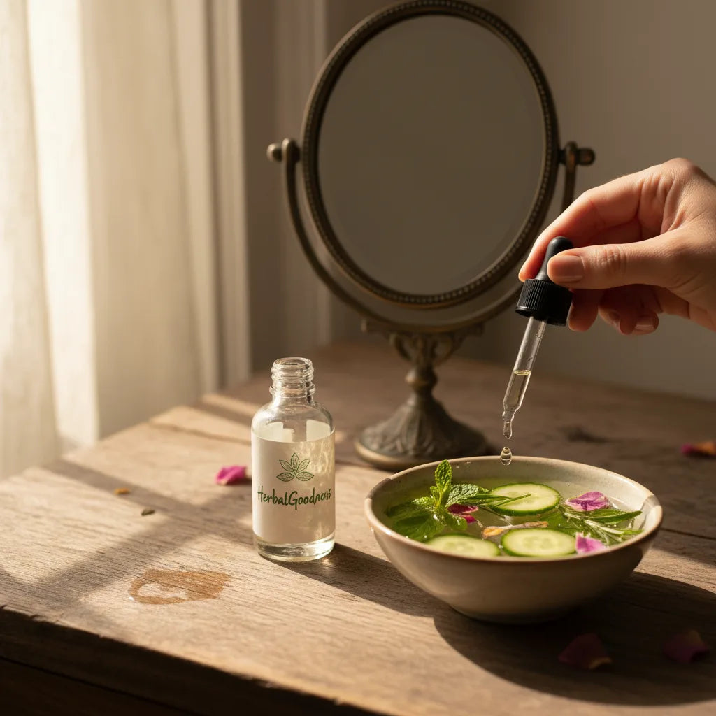 Morning ritual adding liquid plant drops