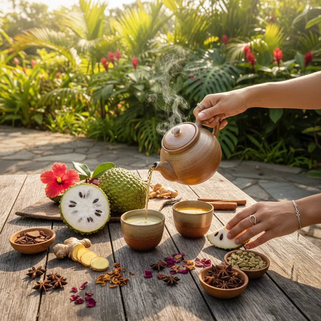 Global graviola tea ritual in tropical garden