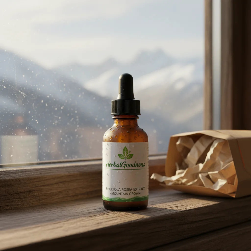 Rhodiola dropper bottle with alpine backdrop