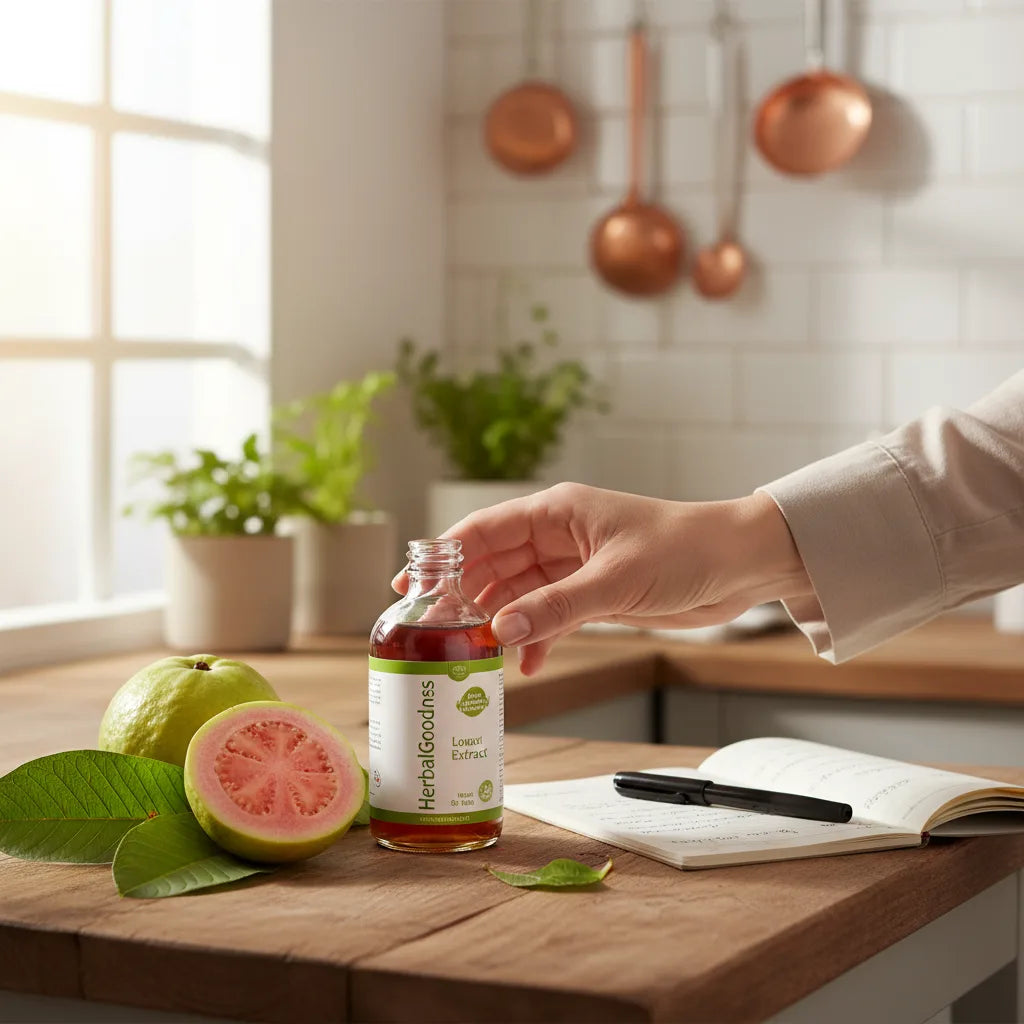 Hand reaching for labeled guava extract bottle