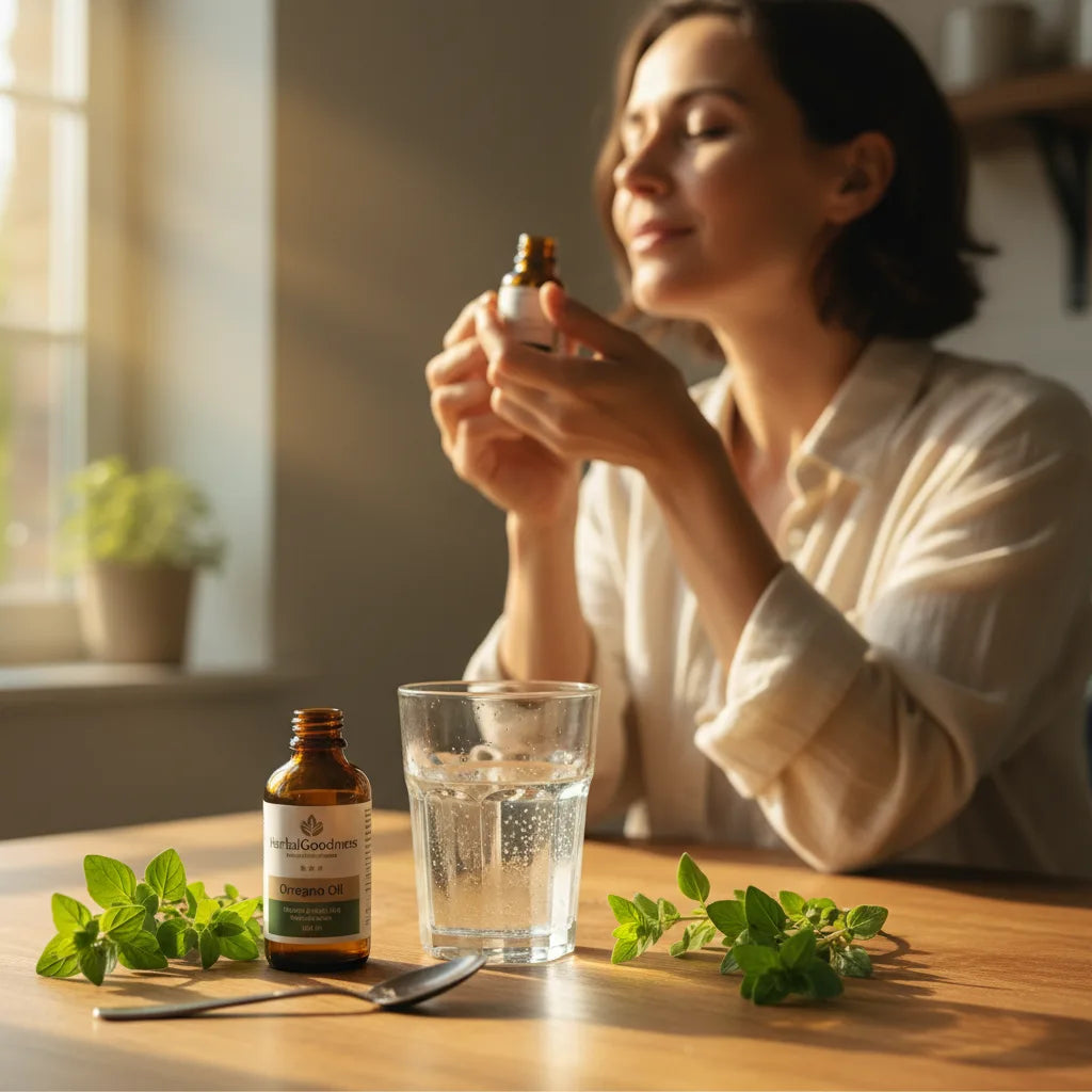 Woman naturally sensing oregano oil aroma