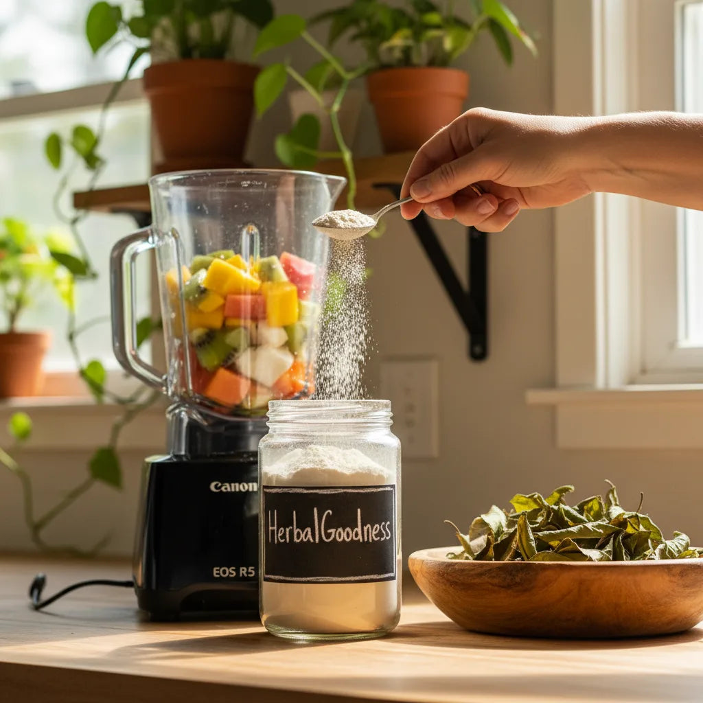 Hand adding soursop powder to blender