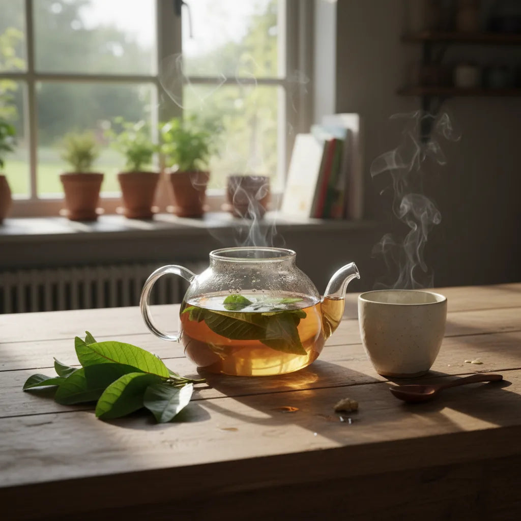 guava leaf tea steeping in morning light
