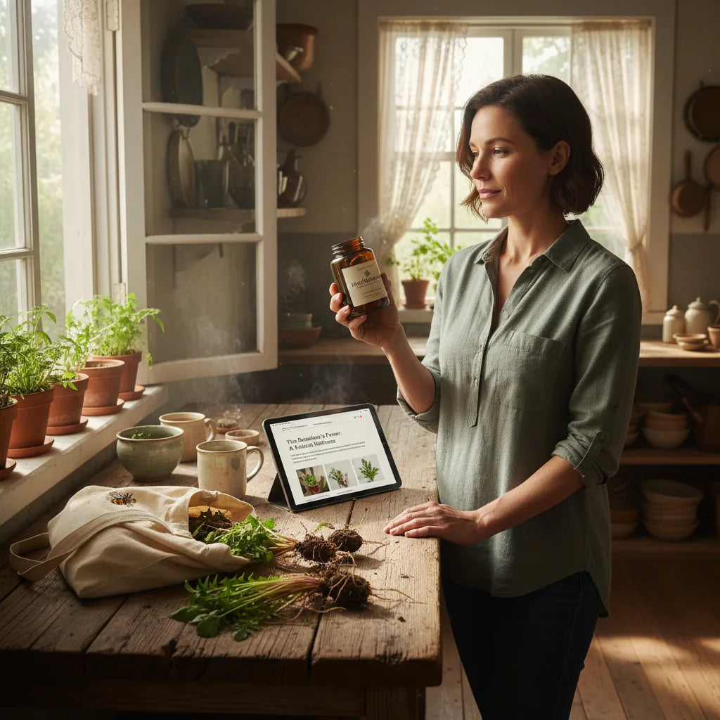 Woman inspects dandelion root supplement jar