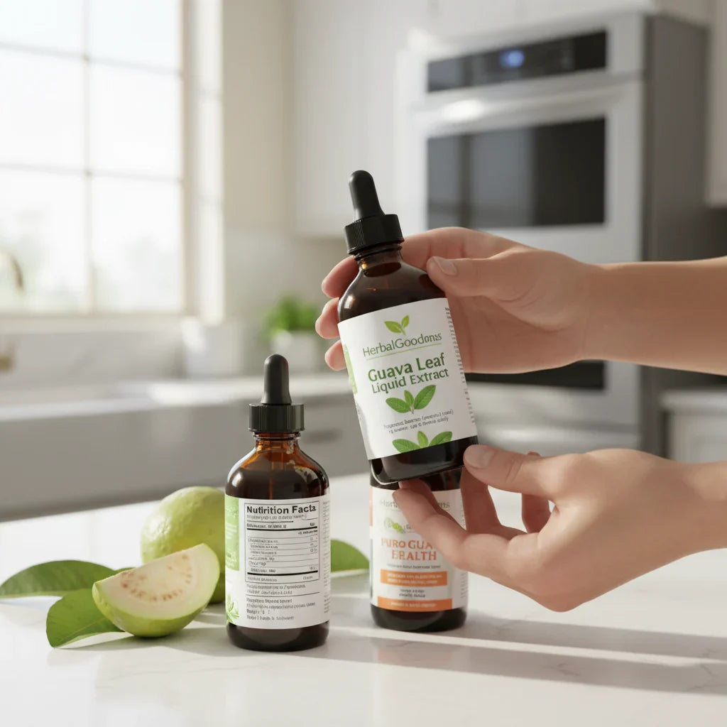 Person closely compares guava extract labels