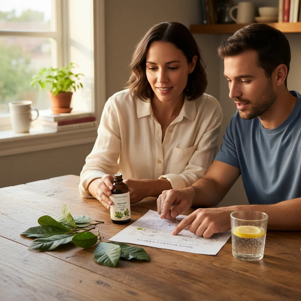 Couple examines soursop extract at kitchen table