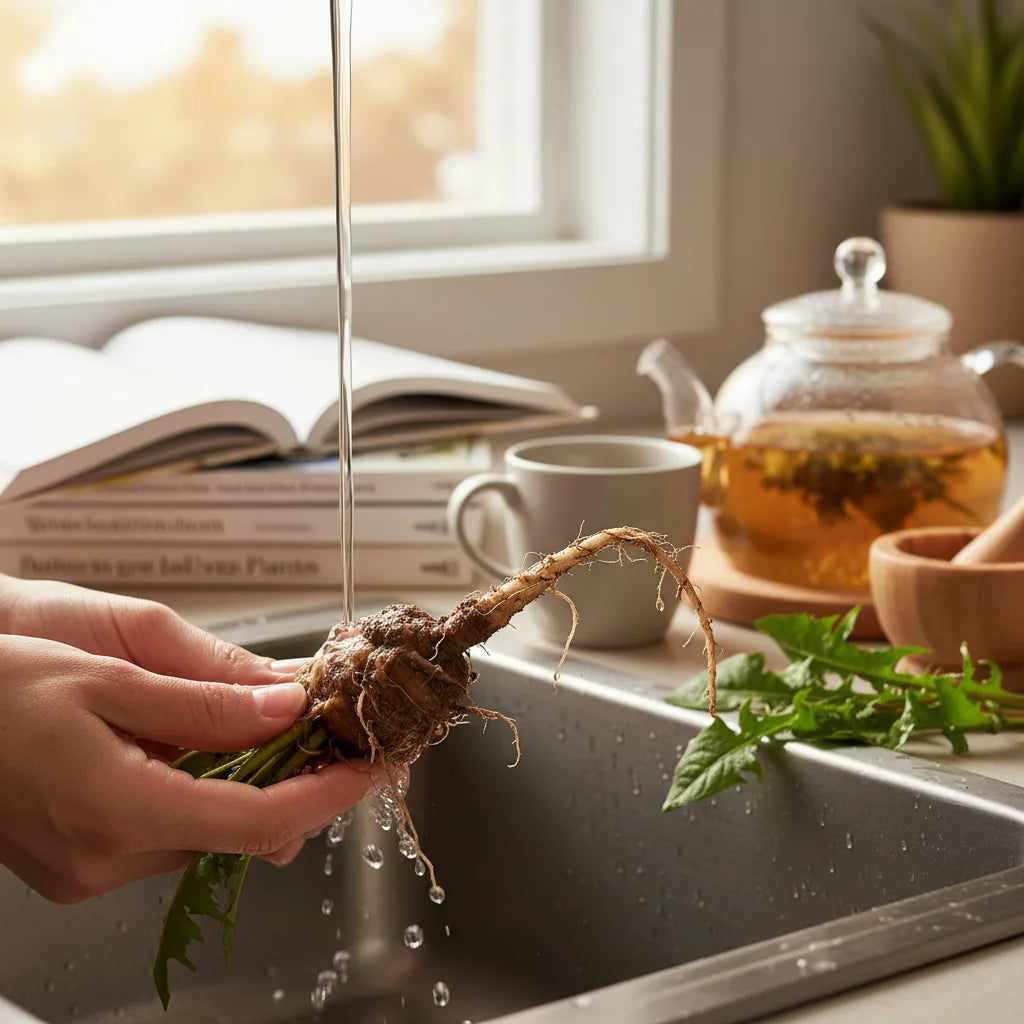 Cleaning dandelion root in morning sunlight