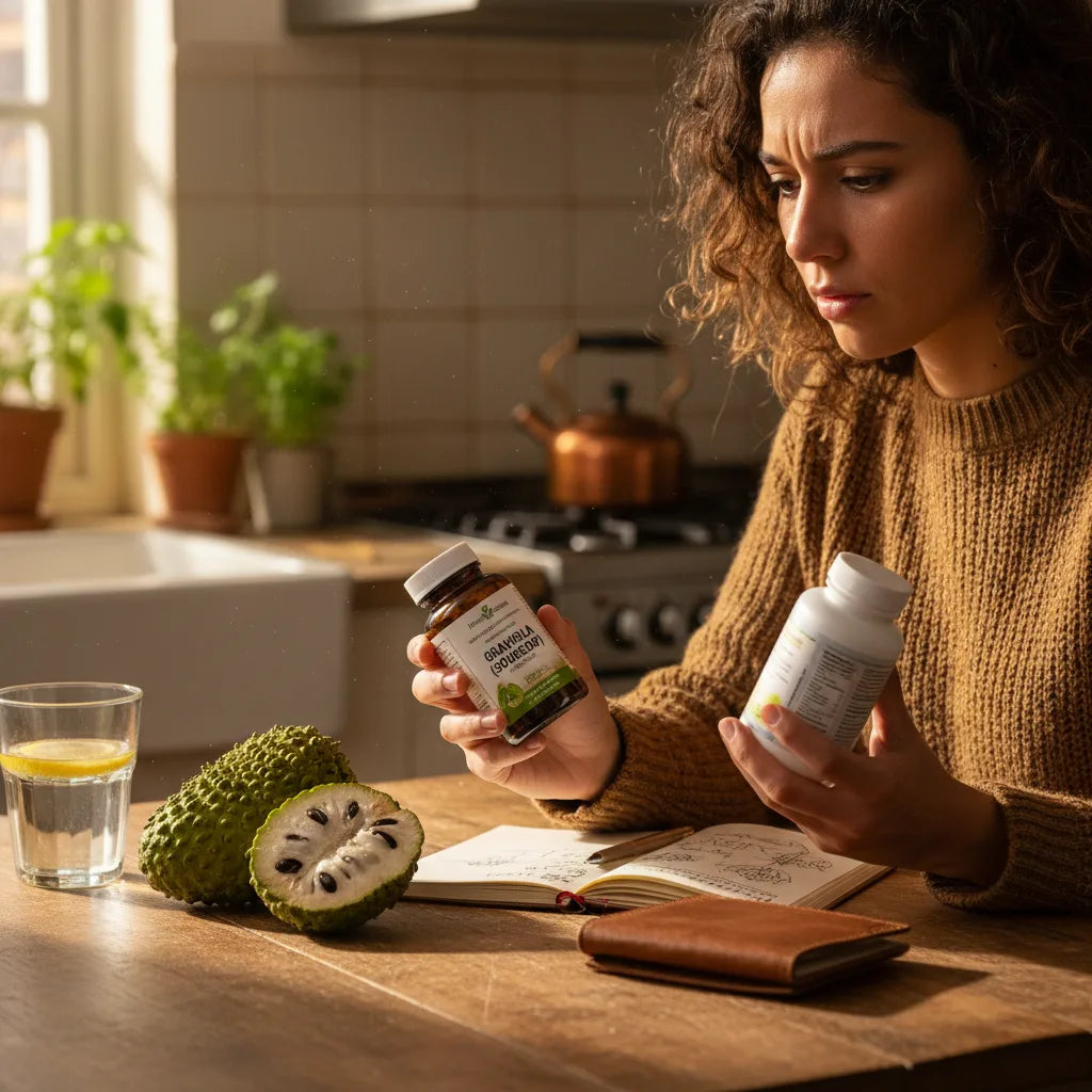 Reading ingredient list on graviola extract bottle