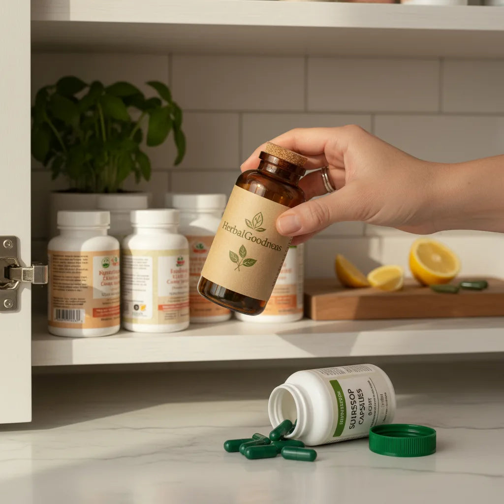 Hand reaching for soursop leaf capsules shelf