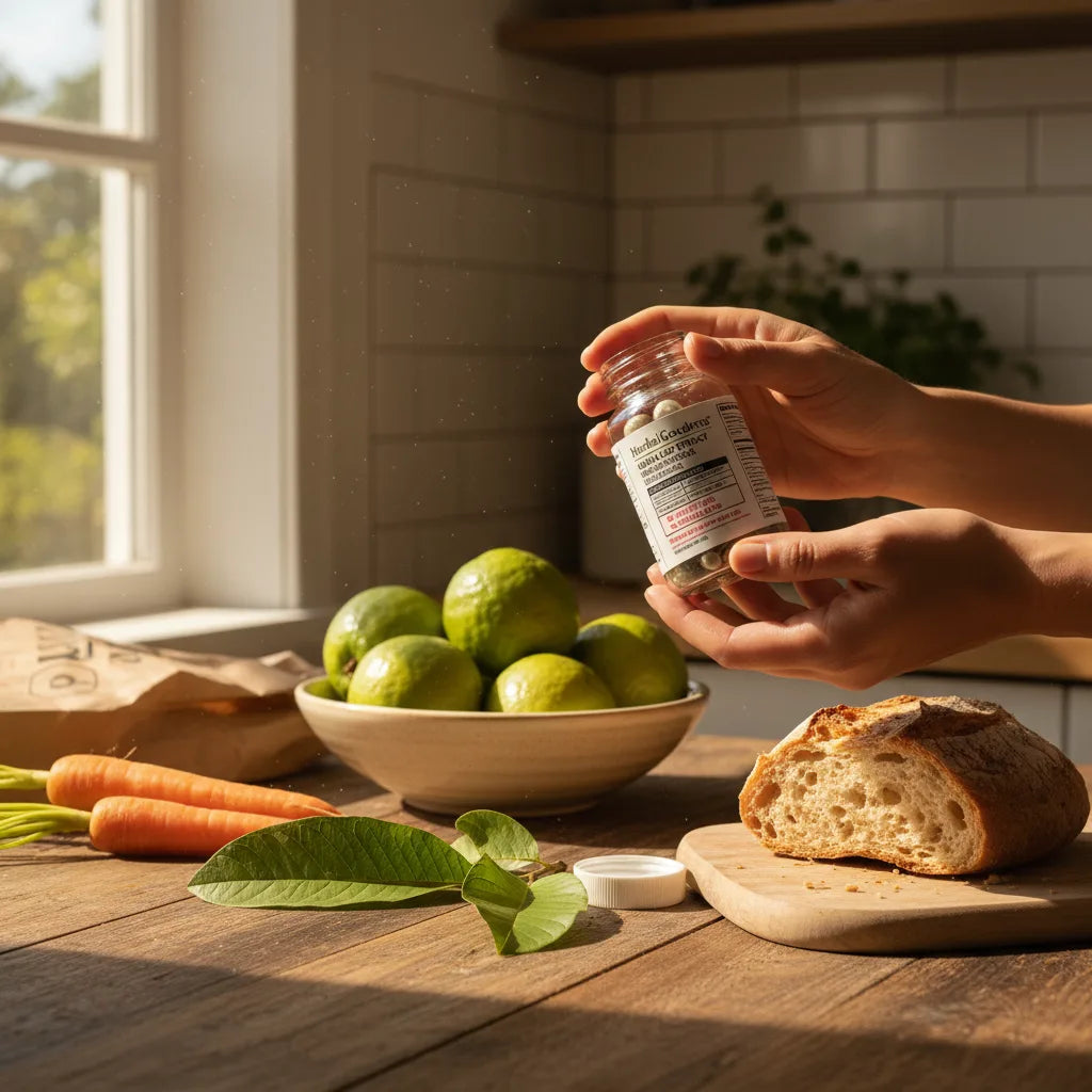 Person studying guava supplement label closely