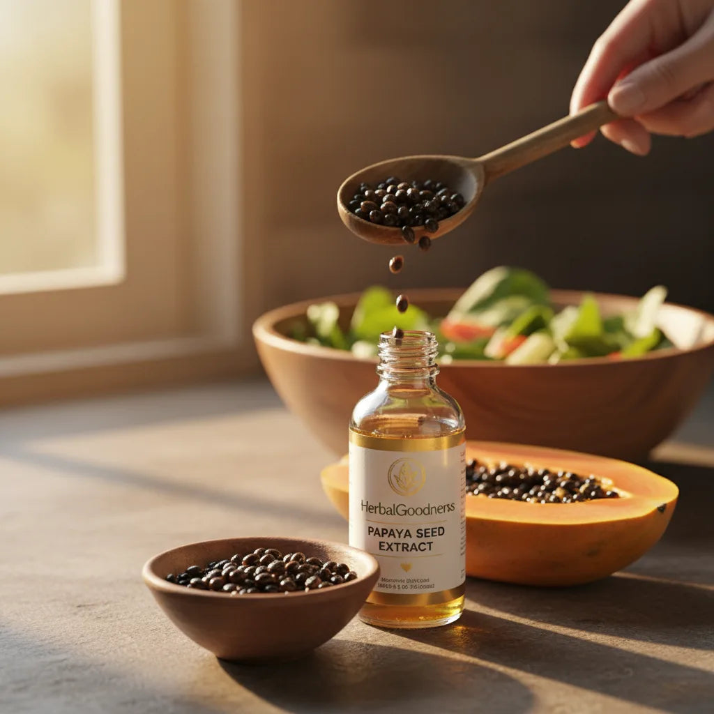 Papaya seeds and extract in kitchen setting