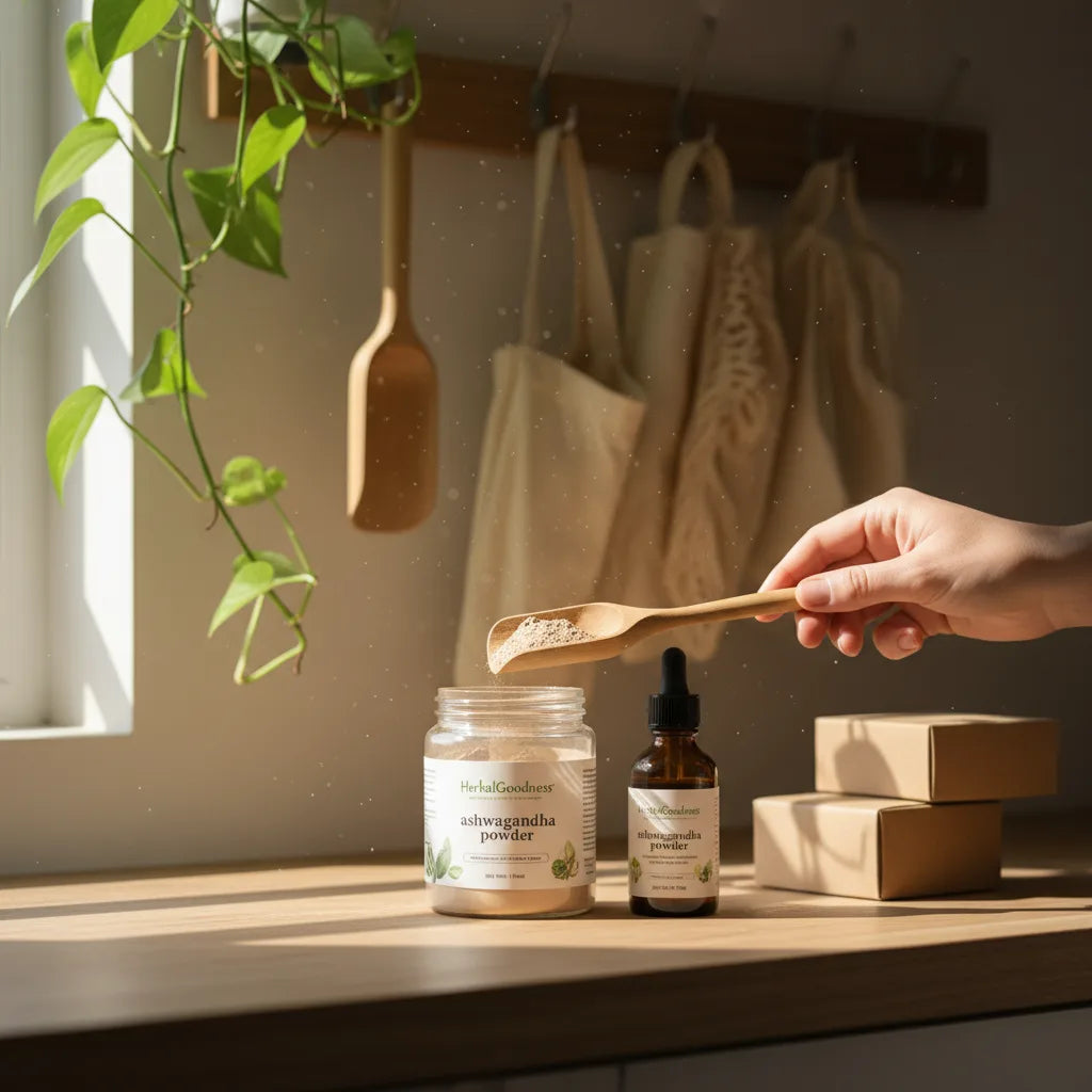 Ashwagandha powder and liquid on countertop