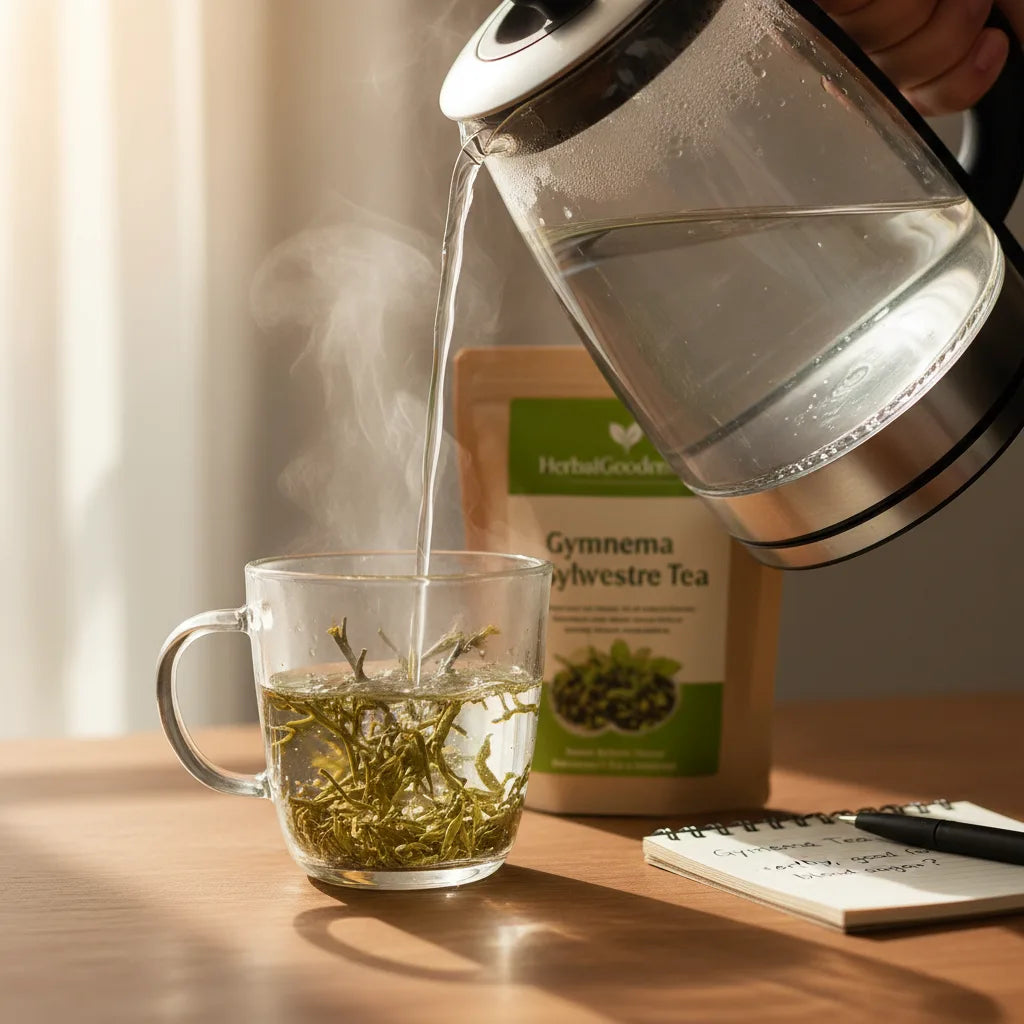 Pouring Gymnema tea in home kitchen setting.