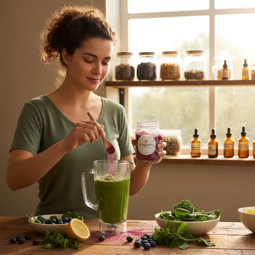 Woman mixing vegan supplement in smoothie