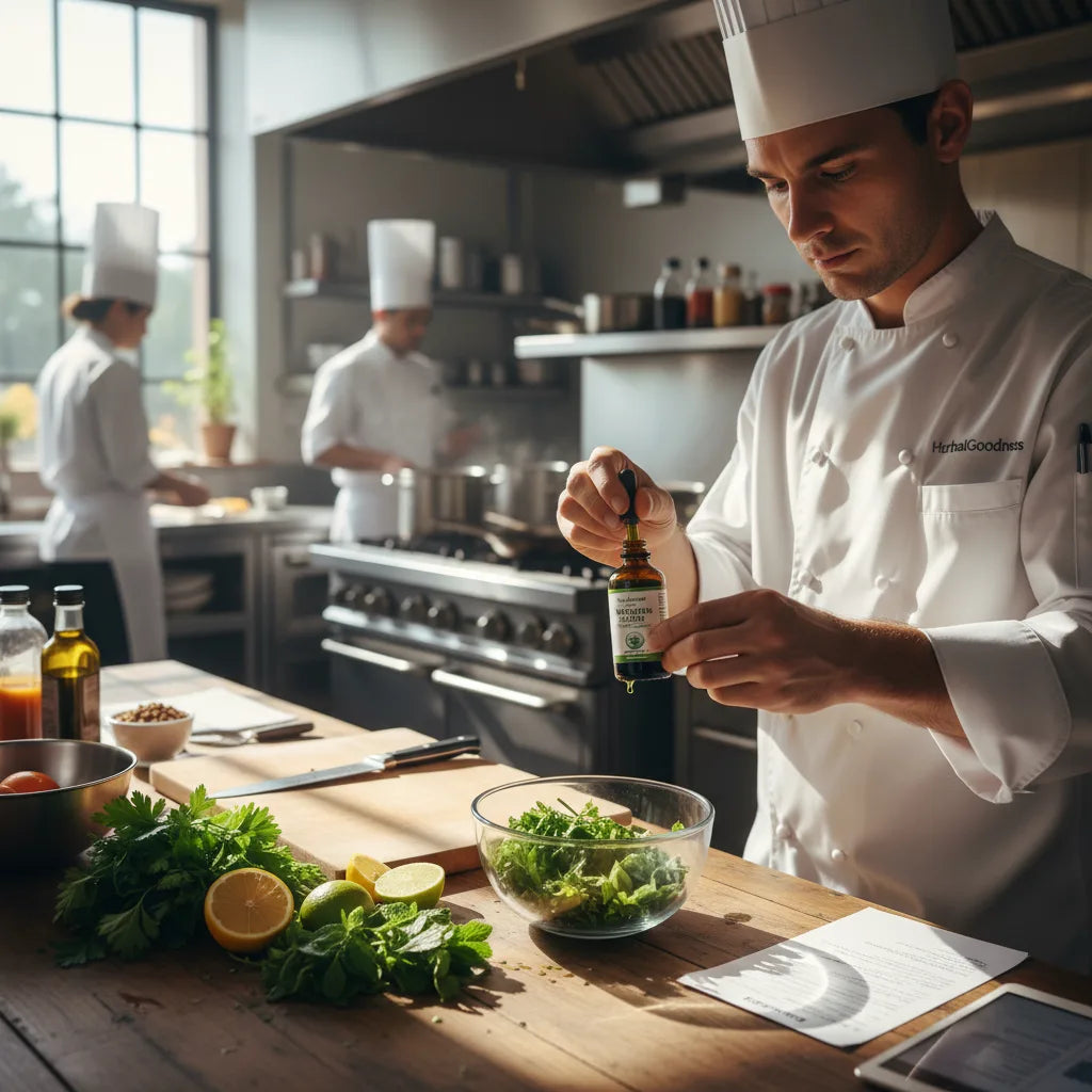 Chef preparing dish with moringa extract