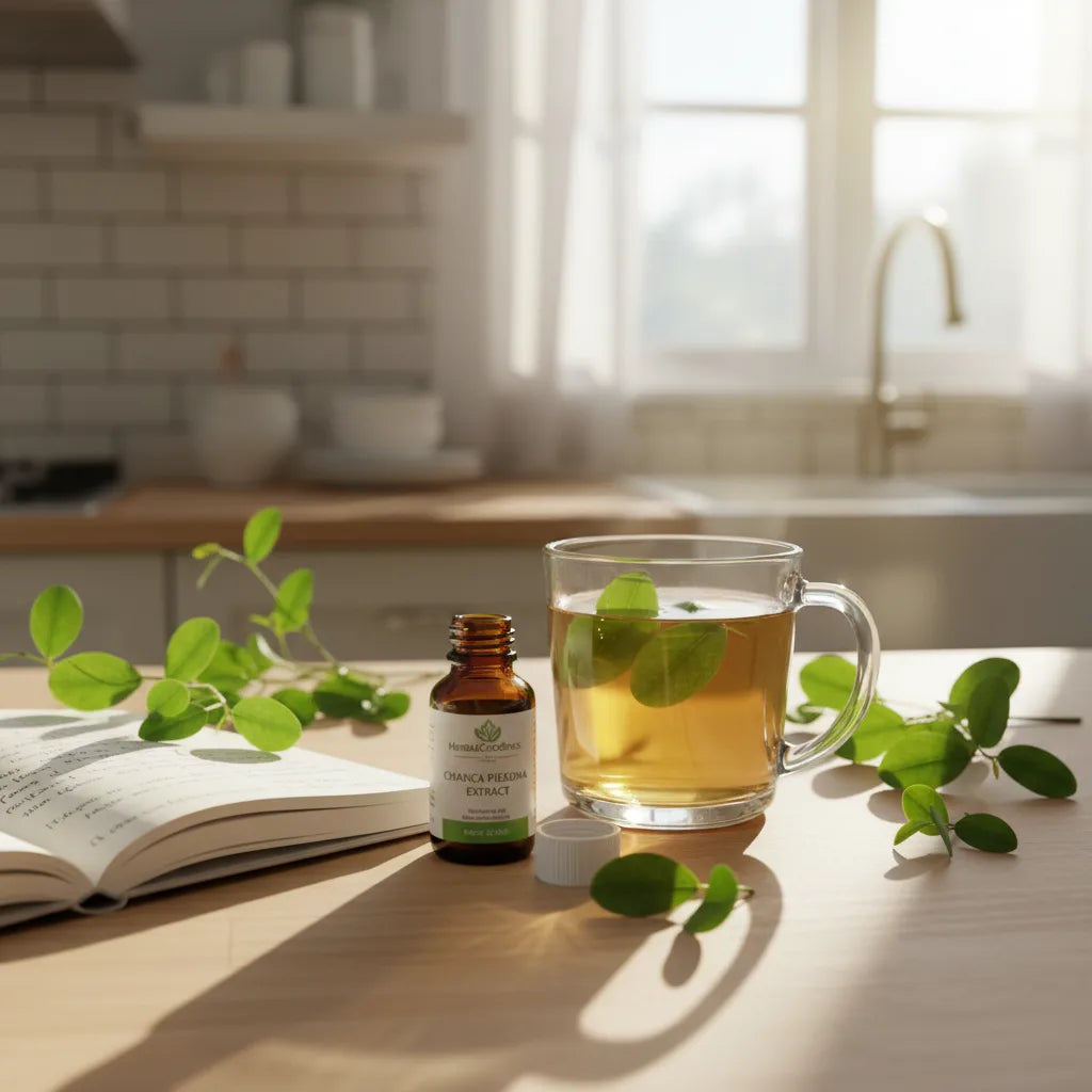 Chanca Piedra tea, journal, and sunlight kitchen