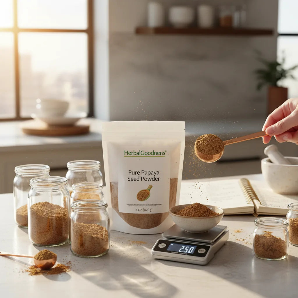 Papaya seed powder portioned in real kitchen.