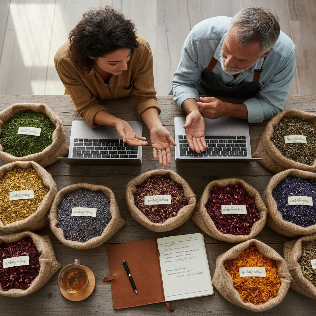 Tea buyer consulting supplier with herbal teas