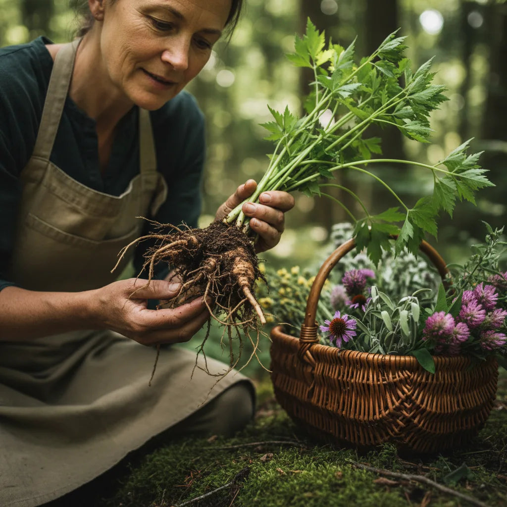 Herbalist examines fresh angelica root outdoors