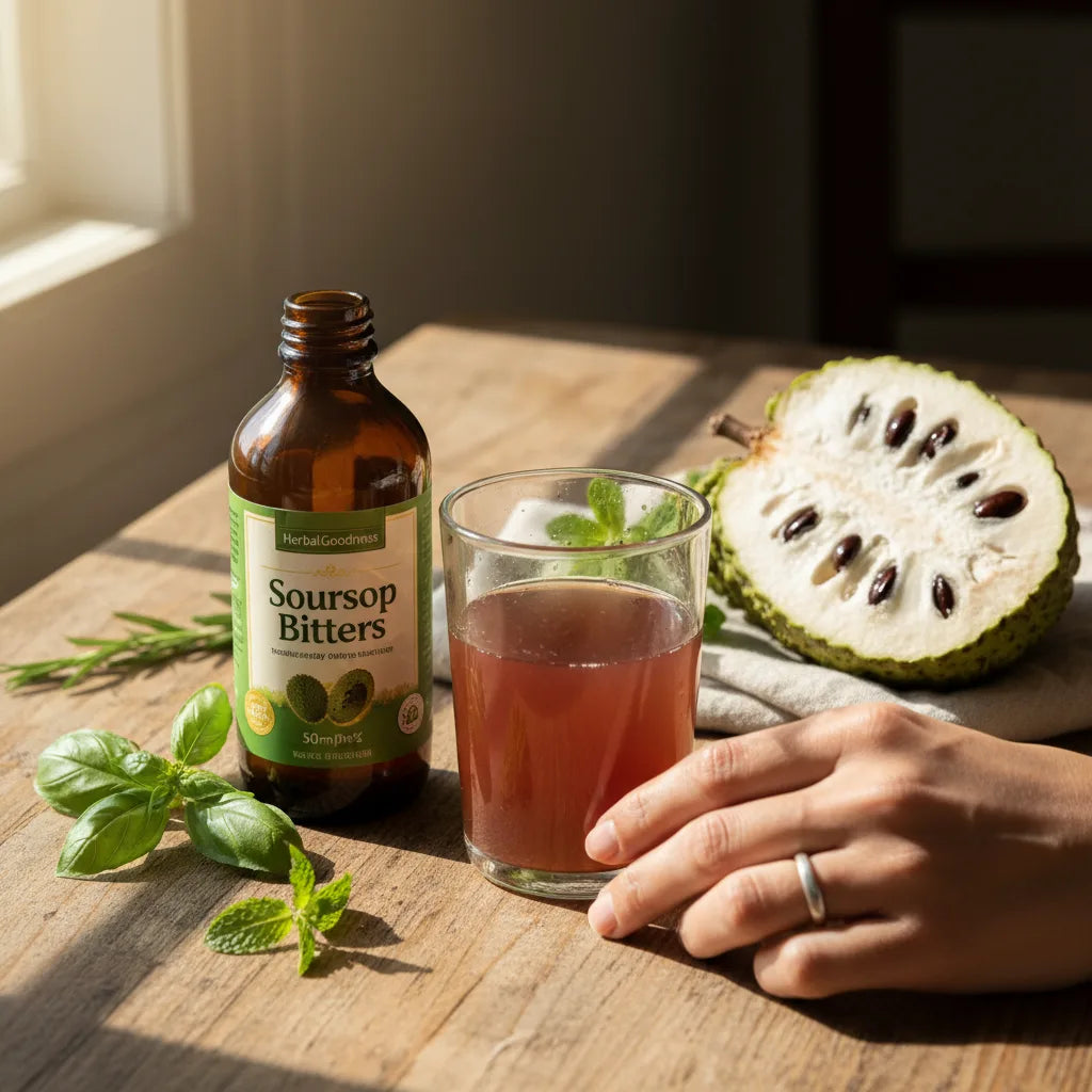 Hand reaching for soursop bitters glass
