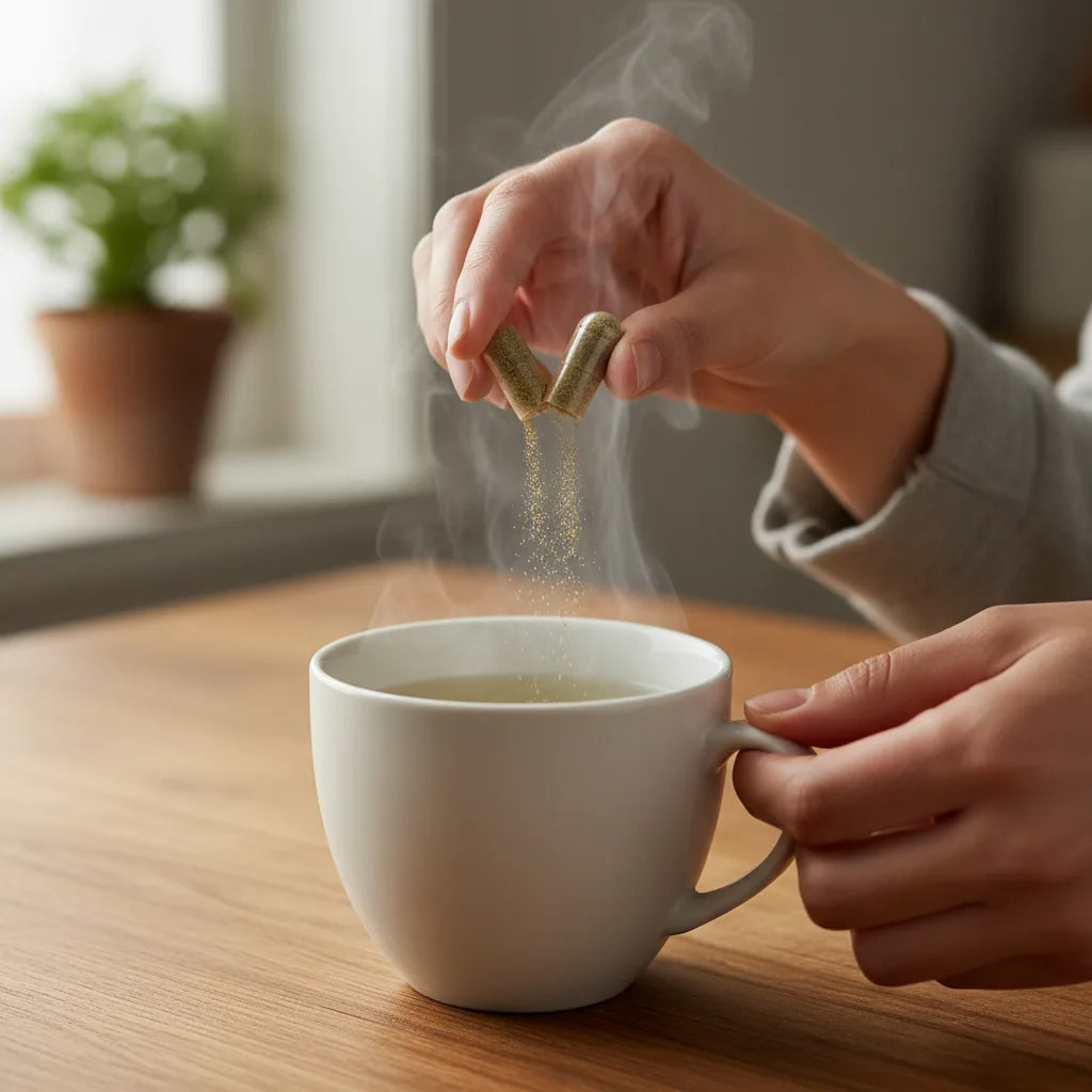 Hands open capsule over steaming ceramic cup